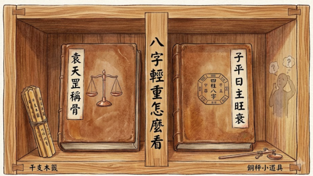 原木榫卯手繪封面，對比稱骨與子平兩套輕重判斷體系，直觀區分民俗與專業命理