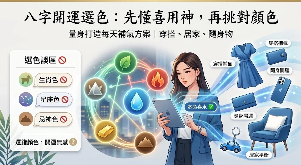 這是一幅解說「八字適合的顏色」挑選邏輯的資訊插畫。左側列出避開生肖色、星座色與忌神色的選色誤區；中央一名女性透過平板確認「本命喜水」並連結五行圖譜；右側展示將喜用神對應的藍色融入連身裙（穿搭）、皮夾（隨身）與單人沙發（居家）等生活情境，示範量身打造的補氣方案。