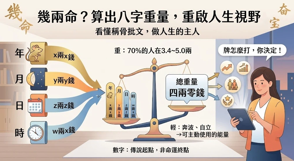 這是一幅解說「八字重量查詢」流程與心態的插畫。畫面左側將個人的出生年、月、日、時分別轉換為對應的重量數值，匯聚至中央的天平計算出總重量（如：四兩零錢）；右側一名女子手持平板，搭配「牌怎麼打，你決定！」的對話框，傳達數字只是起點而非命運終點，鼓勵人們在查詢後仍要掌握人生的主導權。