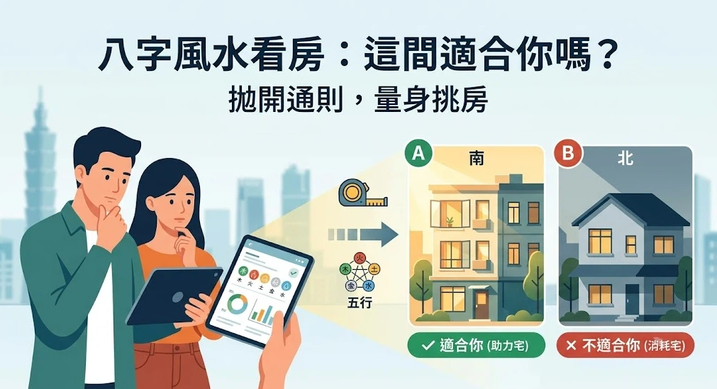 這是一幅解讀「八字風水」個人化看房邏輯的現代插畫。左側一對伴侶正使用平板檢視個人的五行命盤分析；右側將房屋分為「A 坐南（適合你／助力宅）」與「B 坐北（不適合你／消耗宅）」，直觀演示如何摒棄傳統單一通則，依據個人八字喜用選擇契合的住宅風水。