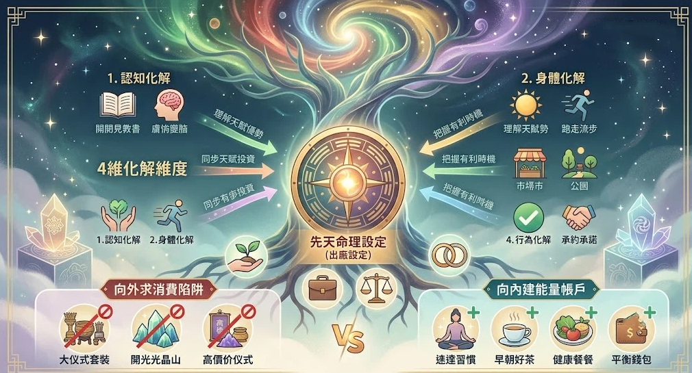 一幅以中央「先天命理設定（出廠設定）」黃金羅盤與生命之樹為核心的八字骨重優化導圖。左側條列認知與身體化解的書本、大腦圖標；右側對齊環境與行為化解的市場、承諾徽章。底端以對比網格警示讀者應阻斷大儀式、開光山等「向外求消費陷阱」，改實踐速達習慣、平衡錢包等「向內建能量帳戶」之行為指南。