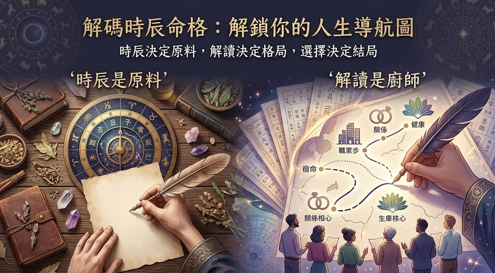 這是一幅「出生時辰命格」的解碼示意圖。左側以手寫羽毛筆、星盤與水晶展現「時辰是原料」的先天設定；右側則以手繪的地圖路徑、健康與關係標籤展現「解讀是廚師」的後天規劃，形象化展示如何將時辰轉化為人生導航圖。