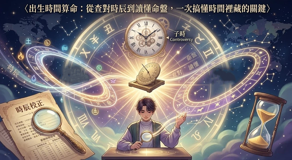 這是一幅關於「出生時間算命」的視覺海報。畫面中央一名現代男子手持放大鏡坐在桌前，上方懸浮著巨大的機械時鐘（標註子時爭議）與日晷，背景環繞著發光的黃道十二支與星象軌跡；左下方擺放寫有「時辰校正」並配有放大鏡的古樸紙卷，右下方放置著沙漏，呈現精準校對出生時間對解讀命盤的重要性。