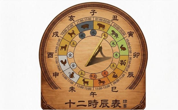 植鞣皮革燙印風格十二時辰表封面，以日晷形制呈現十二時段的五行生肖與時間對應關係