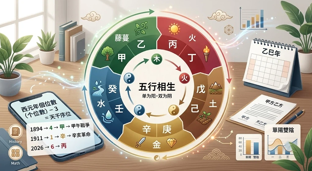 這是一幅介紹「天干」與五行關聯的桌面插畫看板。中央圓盤展示甲乙木、丙丁火等十天干對應五行相生的循環；左側手機畫面演示西元年個位數換算天干序位的公式與歷史實例；右側配有台曆、合約紙張與數據圖表，共同呈現天干在曆法與日常生活中的多維度應用。