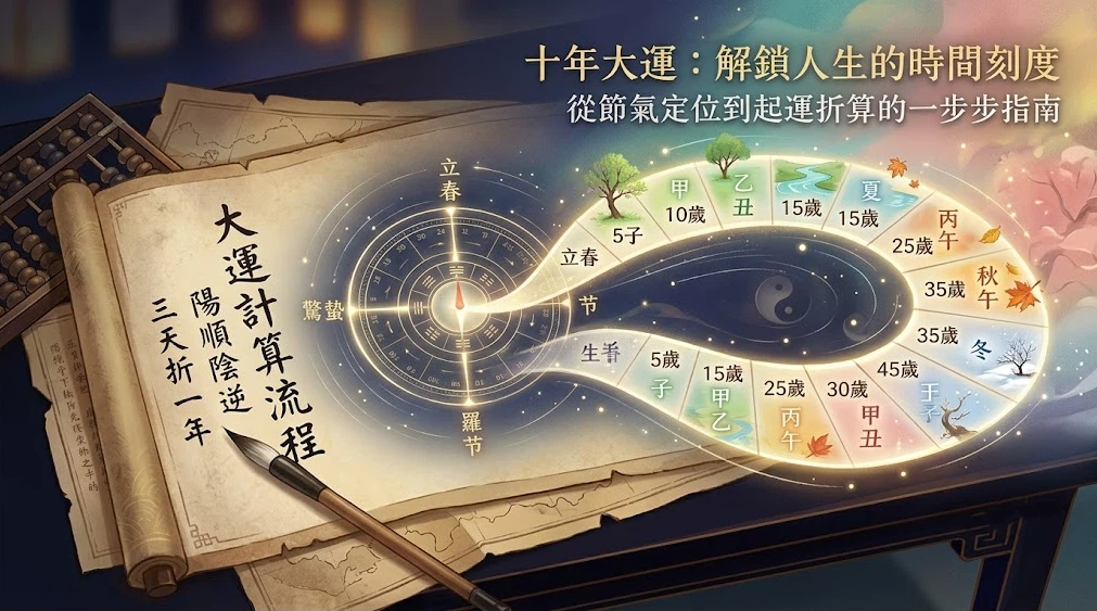 這是一幅典雅國風案頭風格的「十年大運怎麼算」推算流程圖。左側展開的卷軸上寫有「陽順陰逆、三天折一年」的古法推算原則；右側以發光的八卦羅盤連結至太極S型光軌，軌道上清晰標註立春、驚蟄等節氣以及5歲、15歲、25歲等十年起運刻度，系統化展示從節氣計算到大運折算的全過程。
