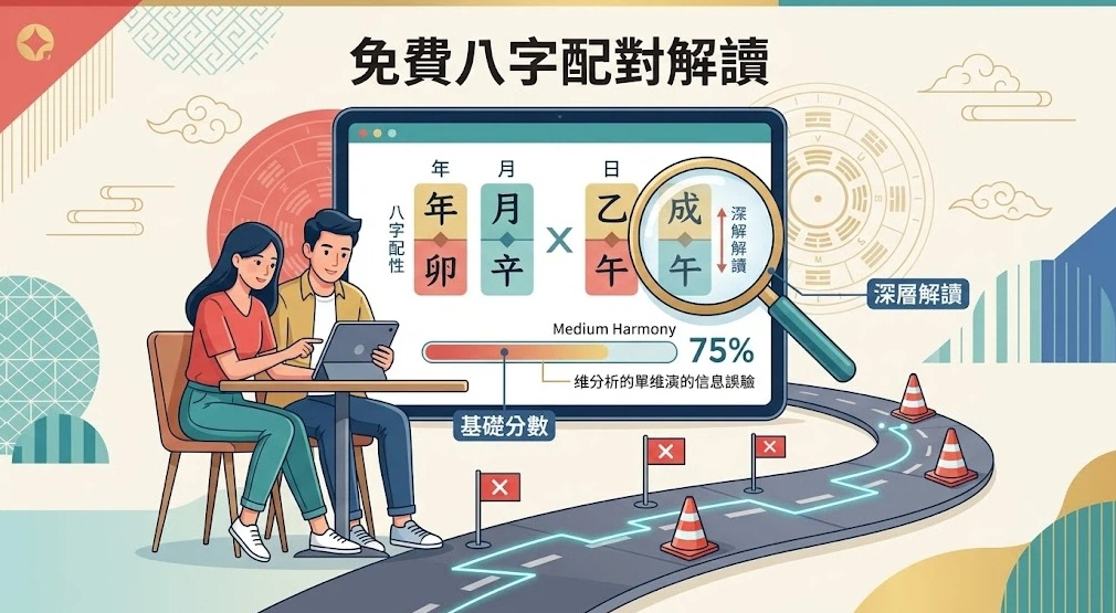 一幅現代男女共同操作平板電腦的「免費八字配對解讀」全景工作流。中央螢幕顯示年柱卯、月柱辛、日柱午與放大鏡高亮聚焦的「成、午」深層解讀插槽；下方進度條標註 75% 基礎分數，並附帶警告「維分析的單維演的信息誤驗」；右側引出一條設有紅色交叉路障旗幟與角錐的蜿蜒道路。