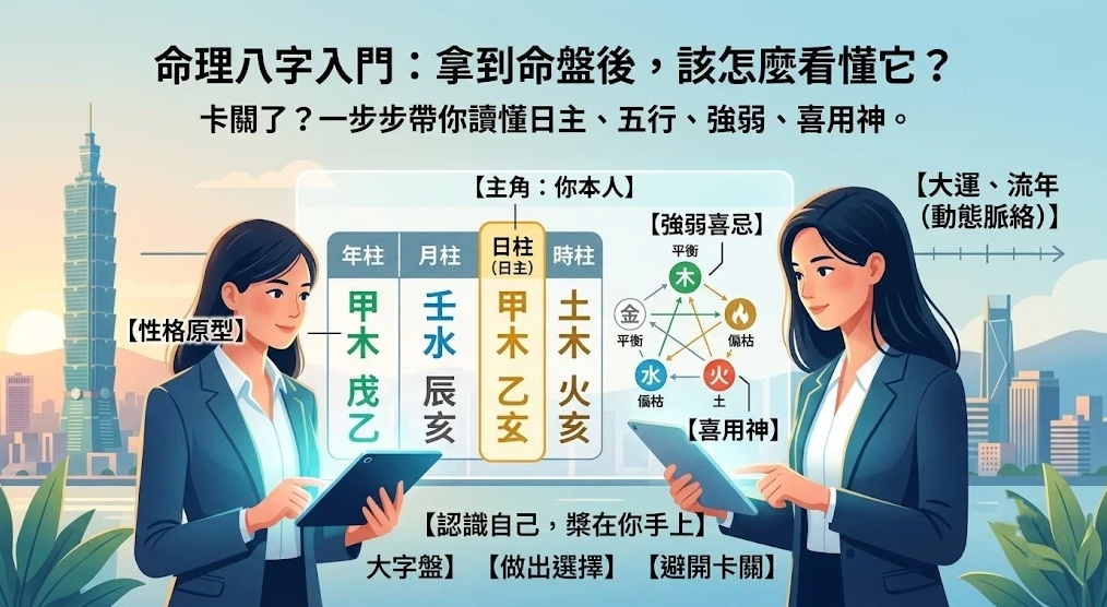 這是一幅以城市天際線為背景的「命理八字」入門解析插畫。畫面中央展示四柱（年、月、日、時）命盤表格，並特別標註「日柱（日主）」為核心；左右兩側女性職場人士手持平板，配合五行相生相剋圖與大運流年時間軸，指引讀者如何一步步讀懂性格原型、五行強弱與喜用神，掌握人生決策的主導權。