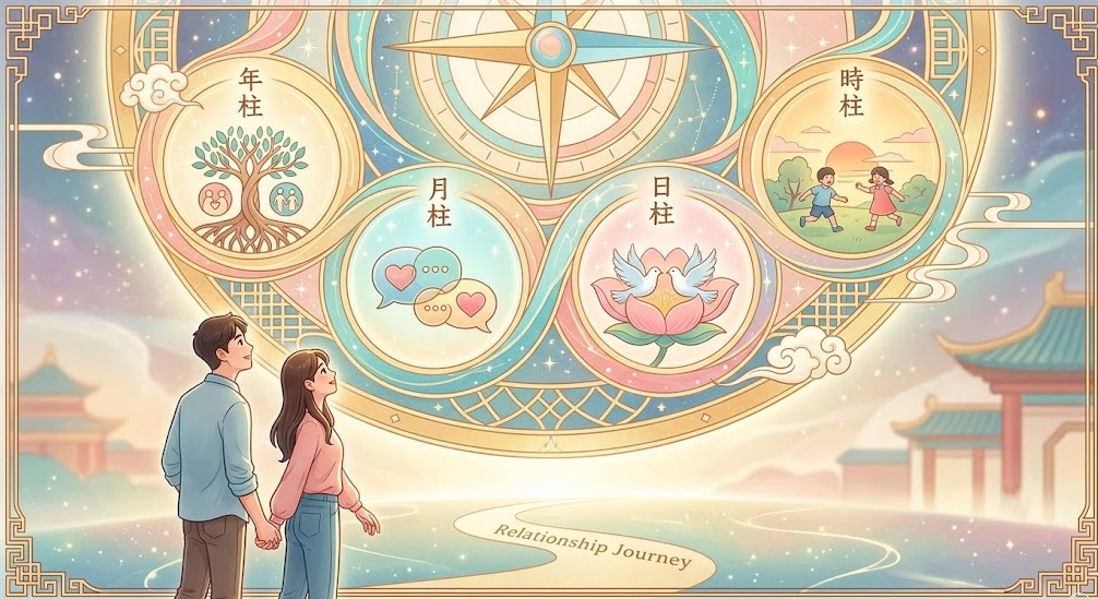 一幅男女牽手眺望宏大星空羅盤的「四柱八字配對」全景關係發展圖。發光的「Relationship Journey」道路向遠方延伸，上方由左至右、呈波浪形互聯四個圓形控制層級：代表家族與起點的「年柱（樹木圖標）」、代表溝通與心智的「月柱（對話愛心圖標）」、代表親密與核心的「日柱（雙鴿蓮花圖標）」，以及代表願景與未來的「時柱（孩童奔跑圖標）」。