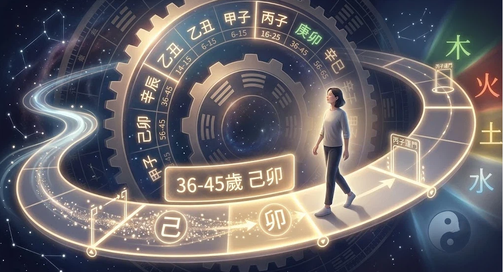 這是一幅詮釋「大運意思」的星空奇幻插畫。畫面中央一名女性行走於發光的弧形運途軌道上，身旁標註「36-45歲 己卯」等十年區間，背景結合了巨大齒輪與八卦星盤，前方的運途光環穿過木火土金水五行門檻，形象化展示大運代表人生不同階段的十年環境趨勢。
