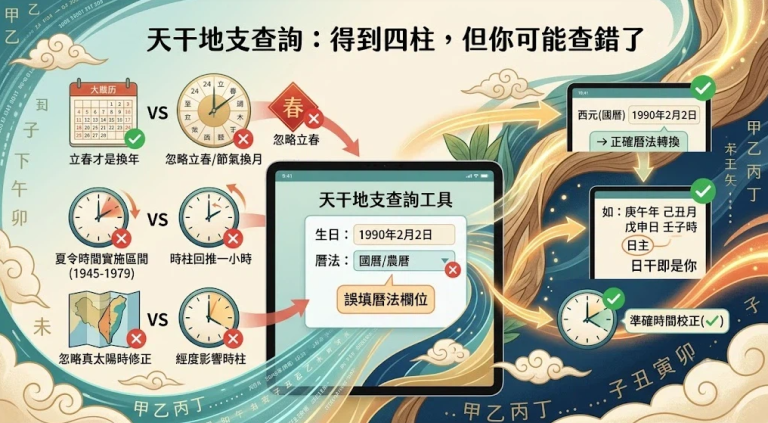 天干地支查詢總是不準嗎？輸入生日就能得到四柱，但你可能查錯了