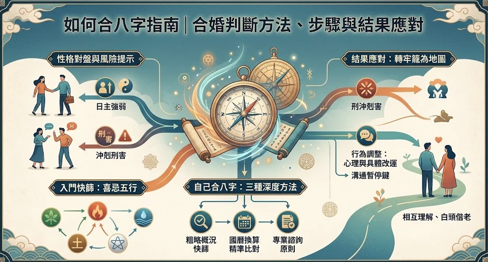 這是一幅古典卷軸風格的「如何合八字」全景決策導航圖，中央以黃金羅盤與指南針為核心總線