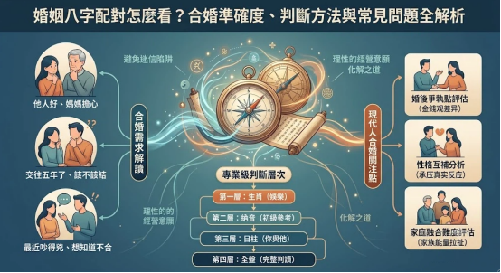 一幅解析「婚姻八字配對」全景合婚指南的數據 Dashboard。中央以發光羅盤指南針與卷軸 Stiker 為核心控制點；左側條列「他人好、媽媽擔心」、「交往五年了、該不該結」與「最近吵得兇、想知道不合」三組現實情感訴求插槽；底端展示由生肖、納音、日柱至全盤的四層專業級判斷漏斗；右側平行分流出婚後爭執點評估（金錢觀差異）、性格互補分析與家庭融合難度評估（家族能量拉扯）三大現代關卡關注點。