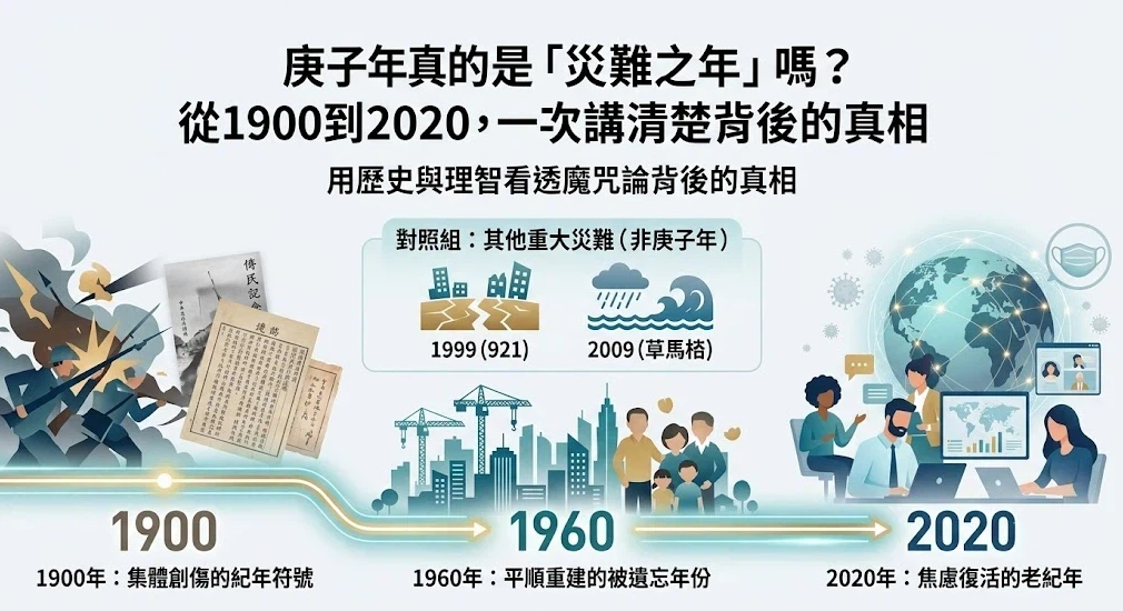 這是一幅破除「庚子年」魔咒迷思的歷史對照圖表。下方以時間軸列出1900年（集體創傷）、1960年（平順重建）與2020年（焦慮復活）的特徵，上方特別納入1999年921大地震與2009年莫拉克風災等非庚子年的重大災難作為對照組，理性破解災難之年的說法。