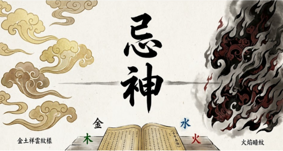 国风水墨八字忌神解析封面，平衡线划分喜用神与忌神五行，搭配古籍与病药命理批注