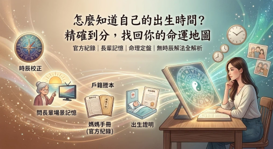 這是一幅解答「怎麼知道自己的出生時間」的插畫指南。畫面右側一名女性在桌前看著發光的星盤大書；左側以金色光軌串聯起多個尋找線索：包含問長輩場景記憶（老奶奶與電視）、戶籍謄本與媽媽手冊、以及出生證明和星盤時辰校正，清晰列出找回精確時間的實用步驟。