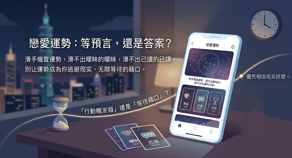 這是一幅以台北101夜景為背景的「戀愛運勢」心態思辨插畫。桌面上擺放著沙漏、塔羅牌與顯示運勢 App 畫面的手機，畫面上特別標註「行動觸發器還是等待藉口」，引導讀者不要讓運勢成為逃避現實的藉口，應優先相信並回應現實中的情感訊號。