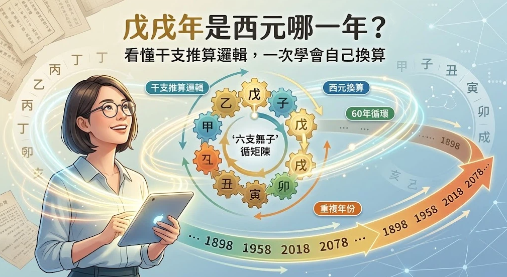 這是一張極簡風格的「戊戌年」速算步驟流程圖。由上至下以色塊清晰拆解公式：先將「西元年÷60」，再判斷「餘數是否為 38」，若為「是」即得出該年為戊戌年；右側另附標籤補充「尾數8+除12餘2」的快速辨識法，提供讀者實用的年份換算技巧。