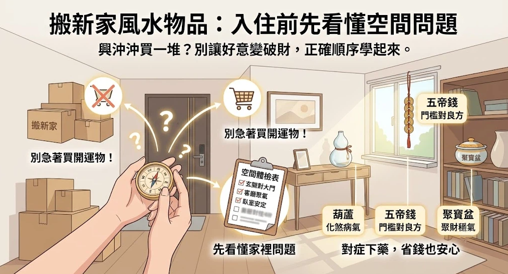 這是一幅解讀搬新家如何正確挑選「風水物品」的實用情境插畫。左側展現手持羅盤與空間體檢表，提醒民眾「別急著買開運物」；右側展示玄關與客廳情境，分別標註葫蘆（化煞病氣）、五帝錢（門檻對良方）與聚寶盆（聚財穩氣），引導讀者先看懂空間問題再對症下藥。