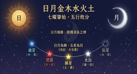 日月金木水火土七曜封面插畫，以古天文星圖體現典籍溯源，呈現日月陰陽為綱、五星配五行的格局。