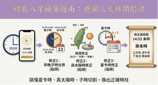 這是一幅介紹「時辰八字」精準換算流程的資訊圖表。從左侧手機輸入時間開始，依序經過三大修正步驟：早晚子時分界、台灣經度真太陽時修正，以及夏令時間校正，最終在右側卷軸得出修正後的精準時柱與八字命盤。