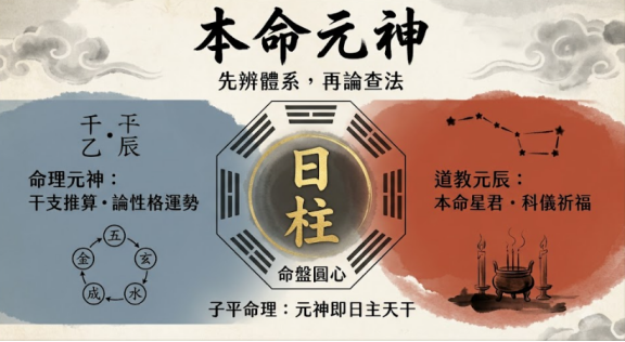 本命元神查詢是一套區分正統八字干支推算與道教星君信仰的認知圖表。本圖表嚴謹展示中央日柱命盤圓心、左側命理元神屬性與右側道教元辰範疇。以生命數據科學視角破除體系混淆，建立精確辨識標準。