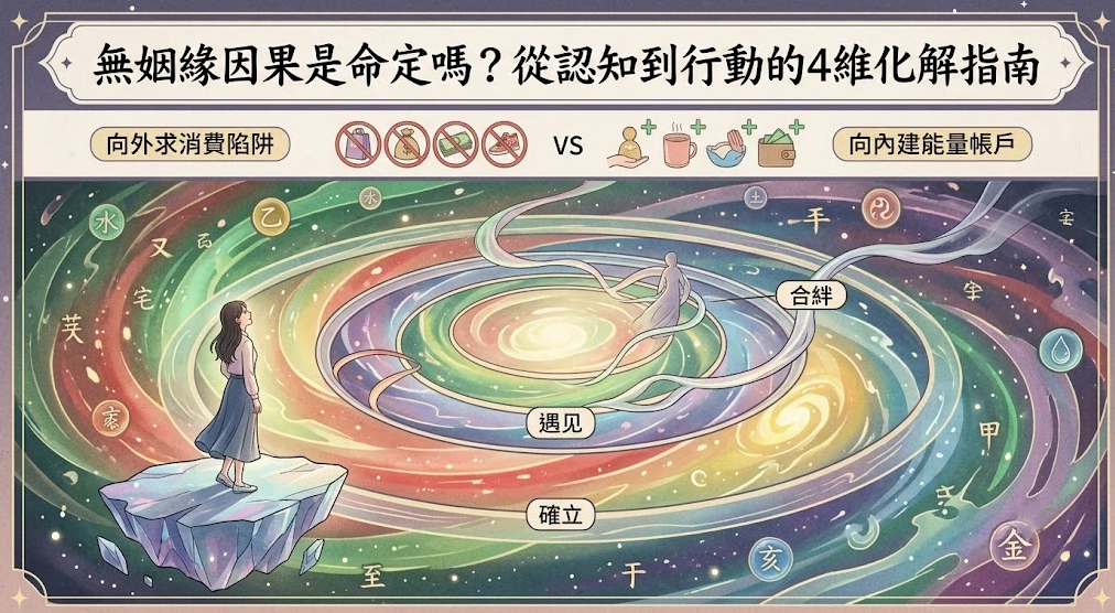 一名女性站在懸崖巨石上，眺望內嵌「遇見、確立、合絆」標籤與干支符號的彩色星空漩渦。畫面頂端以「無姻緣因果是命定嗎？」為題，橫向對比了應阻斷的向外求消費陷阱，與應積極實踐的向內建能量帳戶行動指南。