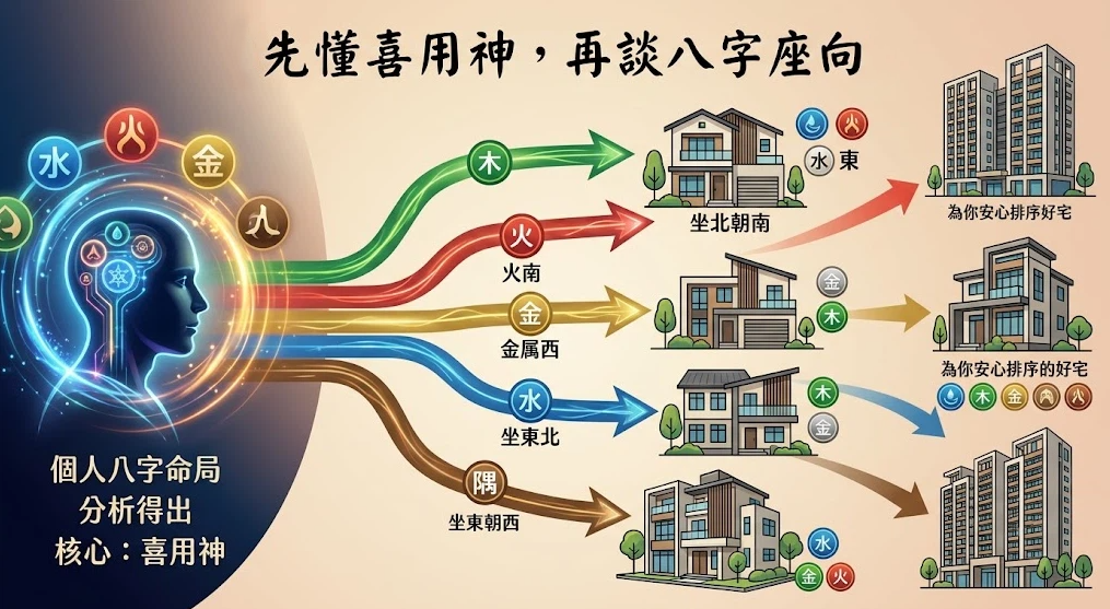 這是一幅解析「生辰八字房屋座向」擇屋邏輯的彩色圖表。左側以個人八字命局分析出的喜用神（水、火、金、木、土）為核心，延伸出多條能量箭頭，分別對應坐北朝南、坐東朝西等不同房屋座向，直觀展示如何以個人五行需求挑選並排序最安心的住宅。