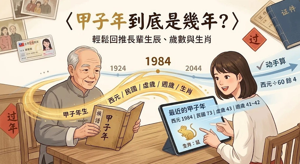 這是一幅溫馨的插畫，展示如何解答長輩口中的「甲子年」。畫面左側一位長者看著族譜回憶自己是甲子年生，右側年輕女子透過平板快速推算，畫面顯示最近的甲子年為1984年且生肖屬鼠，並帶出「西元除以60餘4」的算法，生動呈現輕鬆回推長輩歲數與生肖的生活場景。