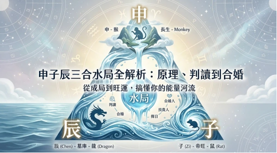 這是一幅以水流金字塔展示「申子辰三合」水局原理的圖表，頂端申猴、右下子鼠與左下辰龍圍繞著中央發光的「水局」圓球，系統化呈現三合能量河。