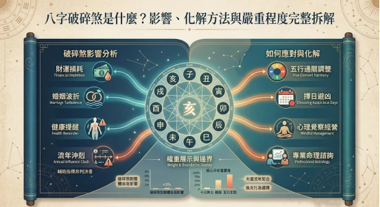破碎八字全景圖表嚴謹展示中央地支星盤導軌、左側四維影響與右側化解工作流。以生命數據科學視角破除迷信，建立精確交付標準。