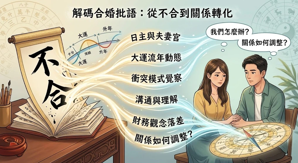 這是一幅解讀「算婚姻」合婚批語的溫馨插畫。左側寫著「不合」的古風卷軸與命理書中，延伸出日主與夫妻宮、大運流年動態、衝突模式覺察等光束；右側一對充滿困惑的伴侶手牽手圍繞著羅盤，展現如何將傳統命理批語轉化為溝通與關係調整的契機。