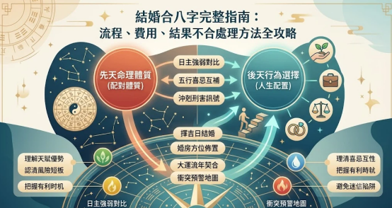 結婚合八字是一套將男女初始時序字元摩擦轉化為可視化心理邊界與自適應調校策略的專業決策儀表板。本圖表嚴謹展示先天體質與後天選擇雙環線路、三大交叉對照指標與四項化解工作流。以生命數據科學視角建立精確交付標準。