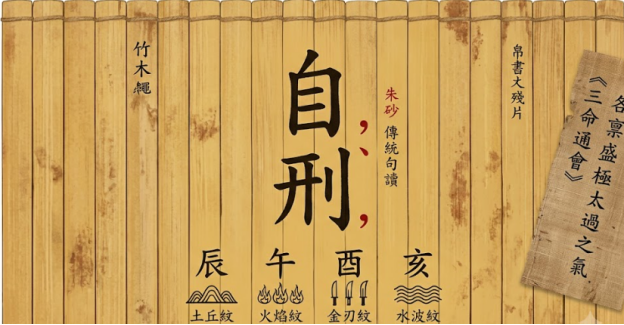 自刑是指地支特定元素因同氣疊加而導致能量飽和度過載的內省機制。本圖表在復古竹簡面板展示中央自刑核心標題，與辰、午、酉、亥四組物理波譜紋理圖標。以生命數據科學視角破除迷信，建立精確辨識標準。