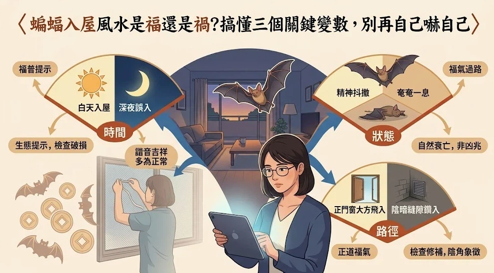 這是一幅解析「蝙蝠入屋風水」是福是禍的綜合資訊插畫。中央一位女性手持平板查詢，周圍以扇形圖詳細拆解「入屋時間（白天／深夜）」、「蝙蝠狀態（精神／奄奄一息）」與「飛入路徑（正門窗／陰暗縫隙）」三大判斷變數，左下角並提示修補紗窗與傳統「蝙蝠＝福氣」的諧音寓意，引導讀者理性看待蝙蝠飛入現象。
