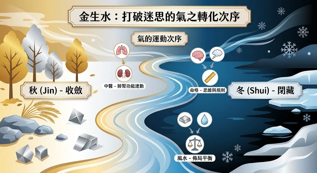 這是一幅解碼五行「金生水」氣之運動次序的宏大景觀資訊圖表，中央以一條金黃與蔚藍交織的河流劃分兩大時空領域。