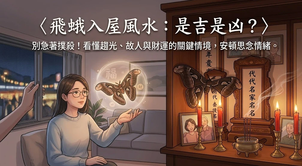 這是一幅解讀「飛蛾入屋風水」含義的溫馨插畫。畫面左側一名戴眼鏡的女子伸手靠近帶著福財光芒的飛蛾，右側神明桌祖先牌位前停棲著一隻大飛蛾，並點有香燭與老照片，引導讀者從昆蟲趨光、故人思念與財運等不同情境，理性與情感兼具地安頓情緒。
