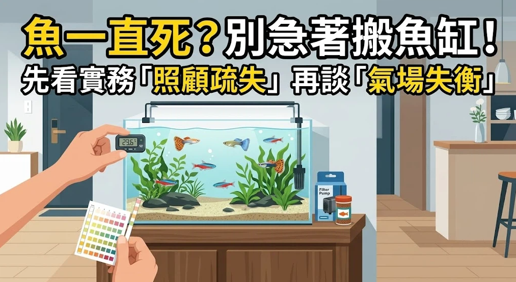 這是一幅破解「魚一直死風水」疑慮的實務操作插畫。畫面中央擺放著綠意盎然的魚缸，左側有人正在使用電子溫度計與試紙檢測水質，主標題提醒讀者在懷疑風水氣場失衡前，應先仔細排查水溫、水質與設備等養殖照顧疏失，建立科學客觀的養魚思維。