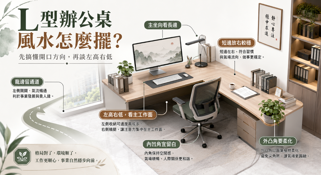 這是一張解析「L型辦公桌風水」實務擺放技巧的辦公室實景圖。畫面以一組現代木質L型桌為核心，詳細標註了五大佈置重點：包含主座向應看長邊、短邊放右較穩固、左側龍邊需保留通道以利氣流暢通、主工作面維持左高右低的收納原則，以及利用圓葉植物來柔化外凸角的尖角煞；引導讀者透過調整開口方向與桌面配置，打造有助於事業發展與人際和諧的順暢氣場。