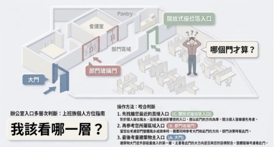這是一幅極簡風格的「辦公室財位怎麼看」入口判定圖解。畫面以 3D 辦公室平面圖呈現,標示出建築大門、部門玻璃門與開放座位區入口三個層次,並解答員工「該看哪個門找財位」的疑惑,列出由近到遠的判斷步驟,引導讀者正確找出影響個人辦公風水的納氣口。