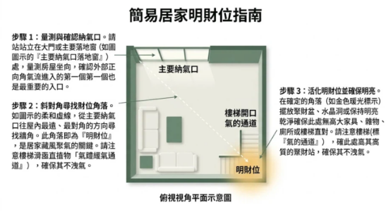 這是一幅極簡莫蘭迪色調的「客廳在二樓財位怎麼看」簡易居家平面圖。畫面以三步驟操作指南呈現:第一步確認落地窗為主要納氣口;第二步沿虛線找出最遠斜對角的明財位角落;第三步特別標註樓梯開口為氣的通道,提醒財位佈置需避開樓梯直對,並保持該角落明亮乾淨以活化居家氣場。