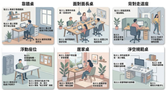 這是一幅展示多種「辦公桌招財擺設」情境的六宮格插畫。畫面涵蓋靠牆桌、面對面長桌、背對走道座、浮動座位、居家桌以及淨空規範桌,針對每種辦公環境提供增加屏風隱私、善用收納櫃與保持桌面淨空等具體貼士,引導上班族根據自身辦公條件化解煞氣並提升工作運勢。