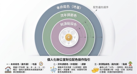 這是一幅以同心圓呈現辦公室「招財顏色」空間配色優先順序的圖解。畫面由外而內分為三層:最外層的「本命底色」作為地基,建議應用於大面積家具;中間層的「流年調節色」,適合用於窗簾或抱枕等可移動色塊;最內層的「財源點綴色」,則建議透過明亮對比的小型開運物或水晶來刺激財氣,提供一套具體實用的空間視覺風水指南。
