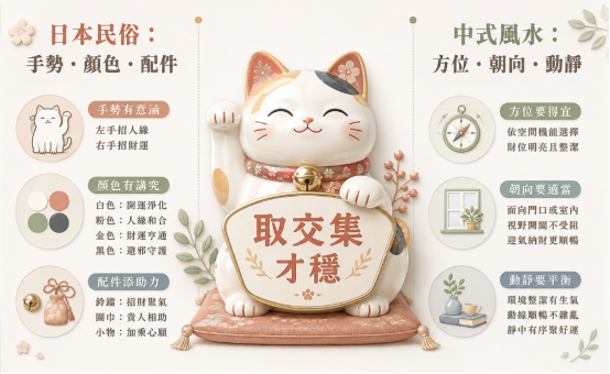 這是一張結合日本民俗與中式「招財貓風水」的整合佈局圖卡，畫面以精緻的招財貓為中心，左側列出日式手勢、顏色與配件的祈福意涵，右側則對應中式風水中的方位羅盤、朝向視野與動靜平衡原則，強調兩派學說「取交集才穩」的操作核心，引導讀者正確佈置聚氣納財的好環境。