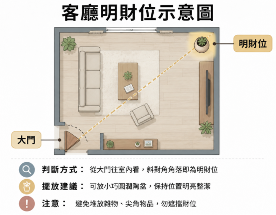 這是一幅極簡莫蘭迪色調的客廳平面圖,專門解說「聚寶盆風水」的基礎空間配置。圖中以視覺動線標示從大門往室內看的斜對角角落為「明財位」,下方條列三大實作重點:教導讀者如何判斷方位、建議在該處擺放小巧圓潤的陶盆或聚寶盆並保持明亮,同時特別提醒需避免堆放雜物與尖角物品,幫助讀者輕鬆避開佈置地雷。