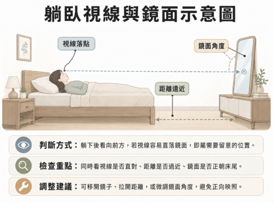 這是一幅解說「鏡子對床化解」原理的躺臥視線檢視圖。畫面以側面視角呈現人躺下時視線直落床尾鏡面的狀況,並標註距離遠近與鏡面角度等關鍵變數;下方搭配三步驟操作指引,引導讀者自我檢查視線是否直對,並建議透過移開鏡子、拉開距離或微調角度來避免正向映照。