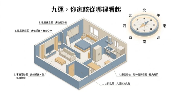 這是一幅極簡風格的「九運風水佈局」室內檢視優先順序圖解。畫面結合 3D 住宅戶型剖面與右上角的二十四山八卦羅盤，由 1 到 4 依序標註大門玄關（氣流入點）、客廳活動區（採光循環）、臥室休息區（床位避煞）與廚房灶位（避開背門），引導讀者依循正確順序巡查全屋風水。