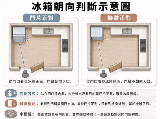 這是一幅極簡風格的「冰箱對門」朝向判斷平面教學圖。圖中以俯視視角對比兩種廚房佈局：左側示範「門片正對」（站在門口會看見冰箱正面與門縫），右側示範「機體正對」（僅看見冰箱側板），並於下方條列簡單的判斷方式與辨識重點，引導讀者正確釐清自家冰箱擺放狀態是否真正形成對門煞氣。