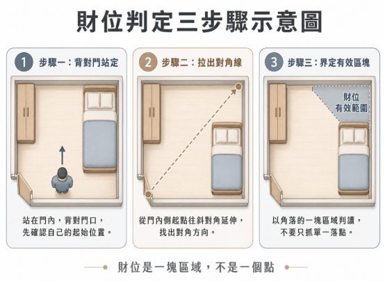 這是一張極簡俯視視角的「房間的財位」尋找教學圖卡。圖中由左至右清晰拆解三個步驟:第一步背對房門站立確認起點,第二步往斜對角延伸找出方向,第三步界定出角落的三角形有效範圍;圖卡下方特別標註強調財位是「一塊區域,不是一個點」,引導讀者建立正確的空間風水判讀觀念。