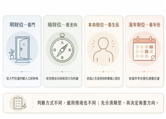 這是一組極簡莫蘭迪風格的「辦公室財位」分類判斷圖卡。畫面由左至右依序說明四大財位找法:看入門斜對角的明財位、看空間坐向的暗財位、看個人生辰的本命財位,以及看年份變化的流年財位,並於下方提醒讀者需先釐清適用情境與類型,再決定最終的風水佈置方向。